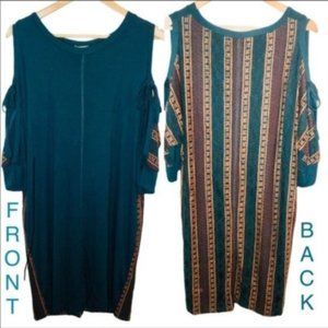 Mystree Boho Midi Lace Cold Shoulder Dress Teal S